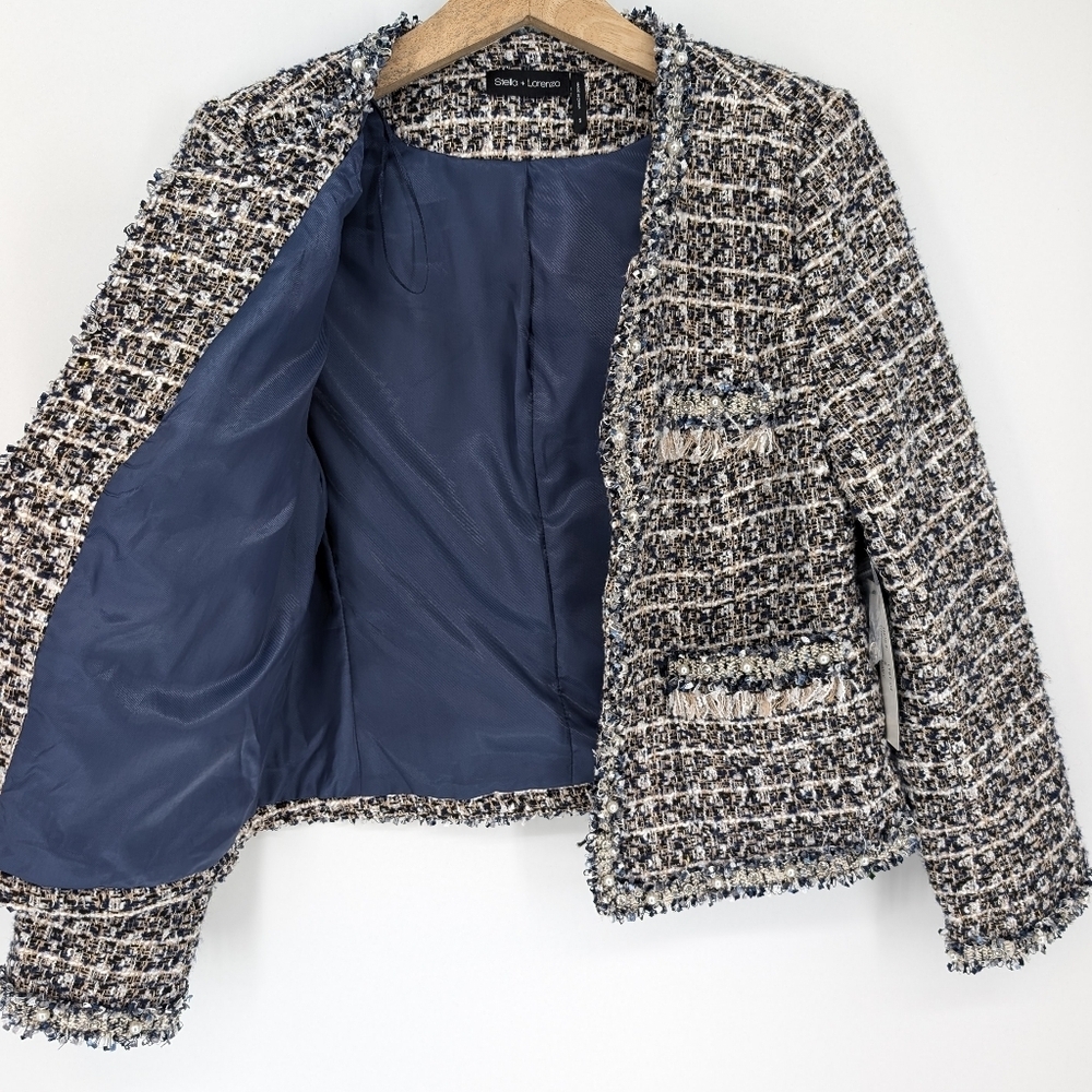 Stella + Lorenzo Tweed Jacket Blazer Navy Blue Small Preppy Old Money - Picture 5 of 8